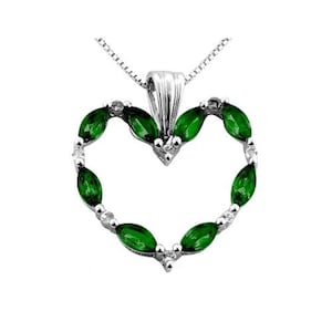 CHROME DIOPSIDE Green Heart PENDANT with white topaz, Italian chain. 925 Sterling Silver Pendant