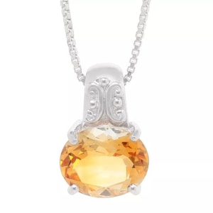Natural Citrine in Oval cut Sterling Silver Pendant with Chain White Gold over