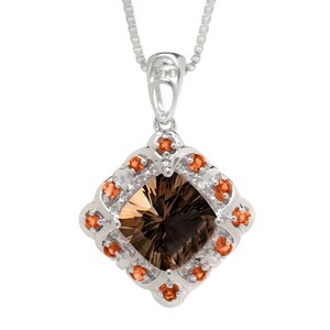 Natural Smoky Quartz Cushion cut & Citrine Sterling Silver Pendant With Italian Chain