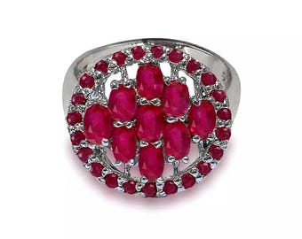 Ruby Red Cluster Ring: Sterling Silver, White Gold Over, Size 8.5