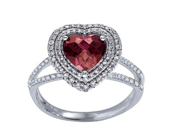 Heart Halo Pink Tourmaline and Diamond Ring, 18k White Gold
