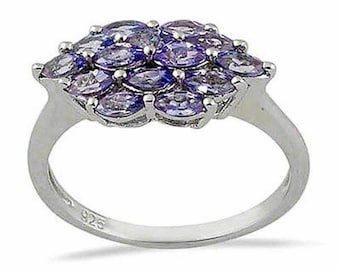 Genuine TANZANITE RING, CLUSTER ring in Marquise shape, Sterling Silver rings plated with White Gold