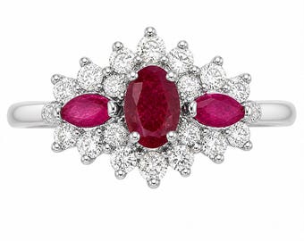 Ruby Diamond Halo Ring, 925 Silver Vintage Cluster Ring, African Ruby Engagement Ring, July Birthstone Jewelry, Size 7