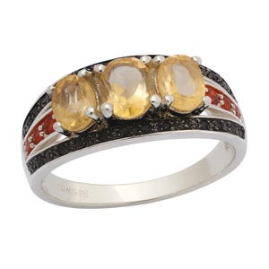 Citrine Three Stone Ring – Black Spinel & Ruby Accent, Sterling Silver Size 7