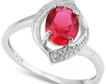 Oval Red Ruby Sterling Silver Ring with Diamond Accents - Size 7