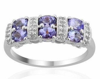 AAA+ Tanzanite ring with white topaz, Cluster style sterling silver ring, Platinum plated Band Ring