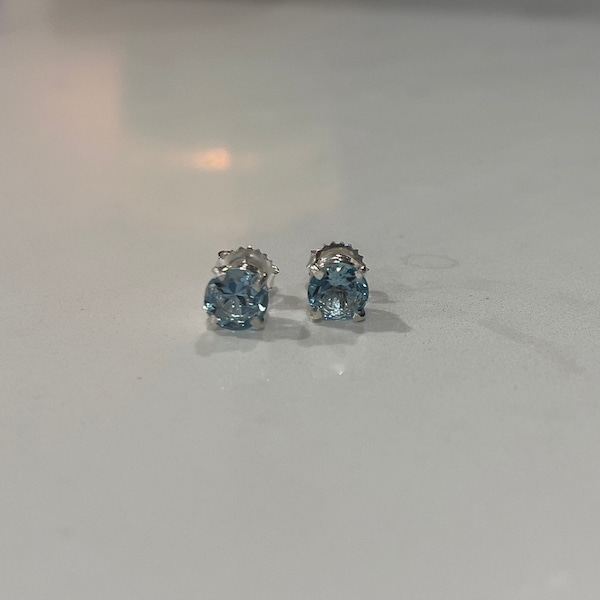 Aquamarine Santa Maria Earrings Stud  7 mm Round Natural 925 Sterling Silver White Gold over