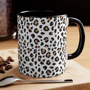 White Leopard Coffee Mug, Animal Print Coffee Mug, Black or Red Accent Leopard Mug, 11 oz. Size