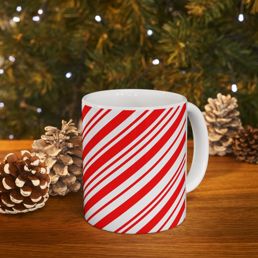 Red Striped Mug, Candy Cane Mug, Festive Christmas Coffee Mug, 11oz