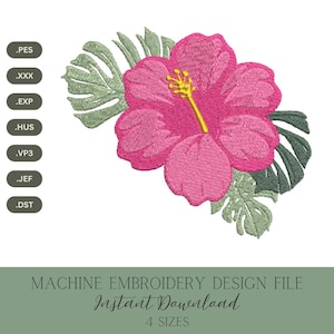 Hibiscus Flower Machine Embroidery Design: Tropical Stitch File (Digital Download, 4 Sizes)