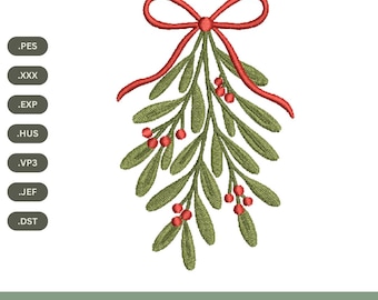 Mistelzweig Schleife Stickmuster: Weihnachtskuss Stich (Digitaler Download, 4 Größen)