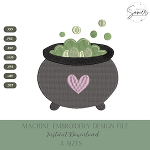 Op de afbeelding: Een machineborduurontwerpbestand met een donkergrijze ketel met een zwarte rand, een lichtroze hart in het midden en lichtgroene borrelende vloeistof. De afbeelding bevat tekstlabels voor de bestandsformaten .XXX, .PES, .EXP, .HUS, .VP3, .JEF, .DST.