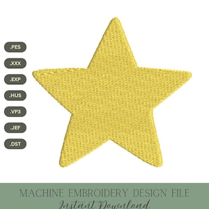 May include: A golden yellow star embroidery design file. The image includes file type extensions: .PES, .XXX, .EXP, .HUS, .VP3, .JEF, and .DST. The text reads "MACHINE EMBROIDERY DESIGN FILE Instant Download 5 SIZES". The design is by "Sow by Somer".