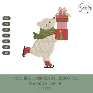 Puede incluir: Un diseño bordado de un oso polar con una bufanda verde y patines rojos, llevando regalos envueltos. Los regalos son rojos, rosas y verdes, con una estrella dorada y un lazo rosa. El texto "MACHINE EMBROIDERY DESIGN FILE" y "Instant Download" está en la parte inferior.