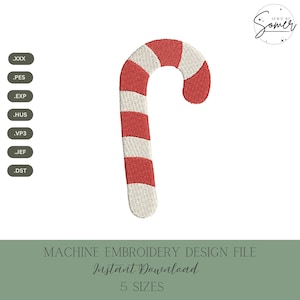 May include: A red and white striped candy cane embroidery design file. The design is for machine embroidery and is available in 5 sizes. The file formats include .XXX, .PES, .EXP, .HUS, .VP3, .JEF, and .DST.