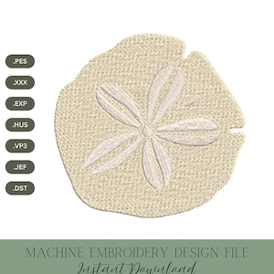 May include: Machine embroidery design file featuring a sand dollar design in beige and white. The design includes the text "MACHINE EMBROIDERY DESIGN FILE Instant Download 4 SIZES". File formats include .PES, .XXX, .EXP, .HUS, .VP3, .JEF, and .DST.