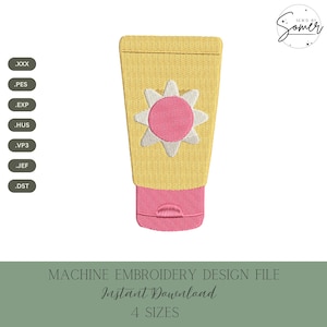 May include: A machine embroidery design file featuring a yellow squeeze tube with a pink cap and a central sun graphic with a pink center and white rays. The design includes file format labels .XXX, .PES, .EXP, .HUS, .VP3, .JEF, .DST and text.