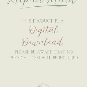 K&ouml;nnte beinhalten: Cremefarbene Ank&uuml;ndigung f&uuml;r digitalen Download mit Text in verschiedenen Schriftarten. Der Text lautet "Keep in Mind", "This product is a Digital Download" und "Please be aware that no physical item will be included". Unten ist ein Logo.
