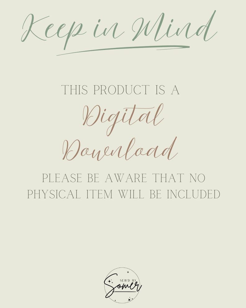 K&ouml;nnte beinhalten: Cremefarbene Ank&uuml;ndigung f&uuml;r digitalen Download mit Text in verschiedenen Schriftarten. Der Text lautet "Keep in Mind", "This product is a Digital Download" und "Please be aware that no physical item will be included". Unten ist ein Logo.