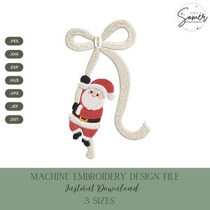 Puede incluir: Archivo de diseño de bordado a máquina con un adorno de Papá Noel. El diseño muestra a Papá Noel con un traje rojo y barba blanca, colgando de un lazo color crema. También se ve el texto "MACHINE EMBROIDERY DESIGN FILE" y "Instant Download".