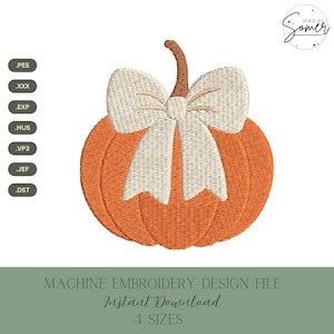May include: An orange pumpkin embroidery design with a cream-colored bow. The design is a machine embroidery file available for instant download. The text on the image says "MACHINE EMBROIDERY DESIGN FILE Instant Download 4 SIZES".