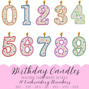 May include: A set of ten embroidered birthday candle numbers, each with a flame at the top. The numbers are in various colors, with colorful polka dots. The text "Birthday Candles" and "Machine Embroidery Bundle" are also present.
