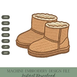 May include: An embroidered design of two brown winter boots with a cream-colored interior. The boots are detailed with stitching and have a textured appearance. The image includes the text "MACHINE EMBROIDERY DESIGN FILE Instant Download 4 SIZES".