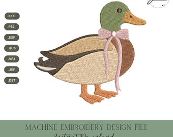Duck with Bow Machine Embroidery Design: Animal Stitch File (Instant Download, 4 Sizes)
