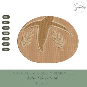 May include: A tan machine embroidery design file with a central cross-like shape and two olive branch designs. The text "MACHINE EMBROIDERY DESIGN FILE Instant Download 4 SIZES" is at the bottom. The file formats are listed on the left.