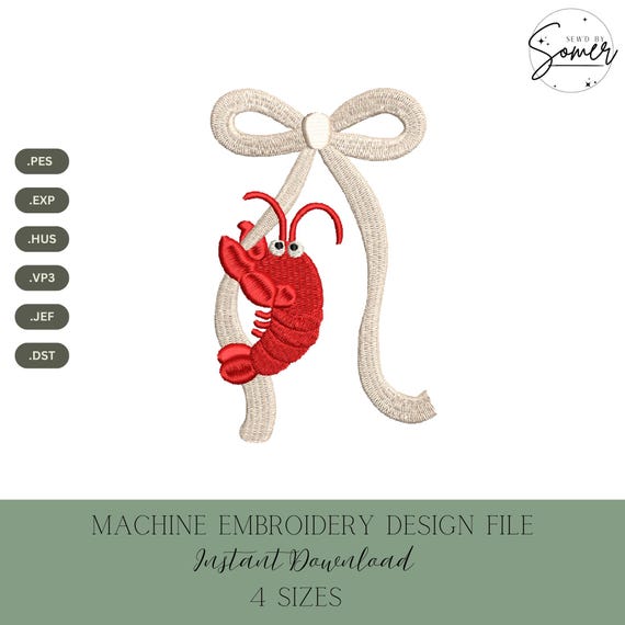 Crawfish Bow Machine Embroidery Design: Southern Crawfish Stitch File (4 Sizes, Instant Download)