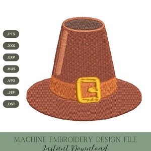 Może przedstawiać: Wzór haftu maszynowego brązowego kapelusza pielgrzyma ze złotą klamrą. Projekt to plik haftu maszynowego z tekstem "MACHINE EMBROIDERY DESIGN FILE Instant Download 4 SIZES". Formaty plików: .PES, .XXX, .EXP, .HUS, .VP3, .JEF i .DST.