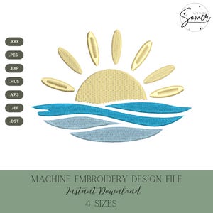 May include: An embroidery design file featuring a stylized sunset over ocean waves. The sun is a textured yellow, with blue waves below. The text reads "MACHINE EMBROIDERY DESIGN FILE Instant Download 4 SIZES".