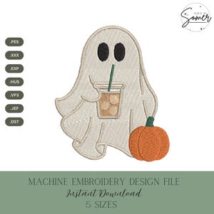 Ghost Coffee Machine Embroidery Design: Spooky Halloween Stitch File (Digital Download, 5 Sizes)