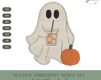Ghost Coffee Machine Embroidery Design: Spooky Halloween Stitch File (Digital Download, 5 Sizes)