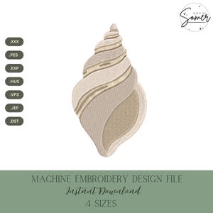 Puede incluir: Diseño de bordado a máquina de una concha en tonos beige y marrón. El diseño tiene forma de espiral con detalles texturizados. La imagen incluye opciones de formato de archivo y el texto "MACHINE EMBROIDERY DESIGN FILE Instant Download 4 SIZES".