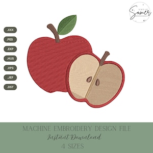 May include: A machine embroidery design file featuring a whole red apple with a green leaf and a sliced apple half with a tan interior and two brown seeds. The design includes file format labels .XXX, .PES, .EXP, .HUS, .VP3, .JEF, .DST and text.