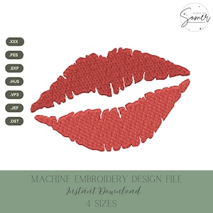Könnte beinhalten: Eine Maschinenstickdatei mit einem detaillierten, rot gestickten Bild von Lippen. Das Design ist in 4 Größen erhältlich und steht als Sofort-Download zur Verfügung. Das Bild enthält die Dateitypen .XXX, .PES, .EXP, .HUS, .VP3, .JEF und .DST.