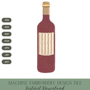 Op de afbeelding: Een machineborduurontwerp van een bordeauxrode wijnfles met een beige etiket en een bruine hals. Het ontwerp is direct te downloaden en beschikbaar in verschillende formaten.