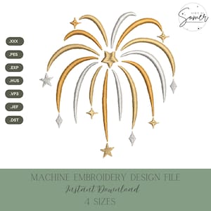 May include: Machine embroidery design file featuring a stylized firework design in gold and silver. The design includes star and diamond shapes. Text at the bottom reads "MACHINE EMBROIDERY DESIGN FILE Instant Download 4 SIZES".
