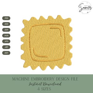 May include: A machine embroidery design file featuring a yellow ravioli design. The design has a square shape with a scalloped edge and a square outline in the center. The text "MACHINE EMBROIDERY DESIGN FILE Instant Download 4 SIZES" is at the bottom.