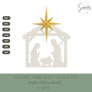 Diseño de bordado a máquina de Belén: Archivo de puntada navideña (descarga instantánea, 4 tamaños)