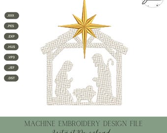 May include: Machine embroidery design file featuring a nativity scene with a gold star. The design includes the silhouettes of Mary, Joseph, and the baby Jesus in a manger. The text "MACHINE EMBROIDERY DESIGN FILE" and "Instant Download" are also included.