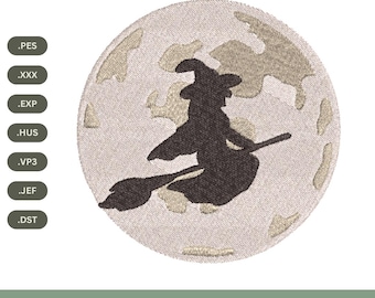 Diseño de bordado de luna de bruja: Archivo de bordado a máquina de Halloween (4 tamaños, descarga digital)