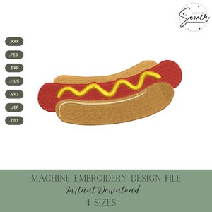 May include: An embroidered hot dog with a red sausage, yellow mustard, and a tan bun. The image is a machine embroidery design file, available for instant download in four sizes.