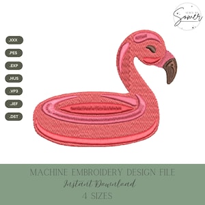 Puede incluir: Un archivo de diseño de bordado a máquina de un flamenco rosa. El diseño presenta un flamenco detallado con un pico y ojo marrón, y el texto "MACHINE EMBROIDERY DESIGN FILE Instant Download 4 SIZES".