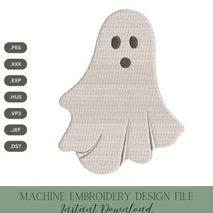May include: A machine embroidery design file featuring a friendly ghost. The ghost is white with three brown eye-shaped details. The design file is available in 5 sizes and includes the text "MACHINE EMBROIDERY DESIGN FILE Instant Download 5 SIZES".