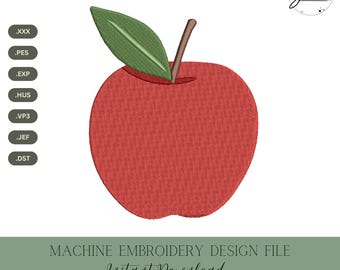 Puede incluir: Un archivo de diseño de bordado a máquina que presenta una manzana roja con una hoja verde y un tallo marrón. El diseño está disponible en 5 tamaños y varios formatos de archivo. El texto dice "MACHINE EMBROIDERY DESIGN FILE" y "Instant Download".