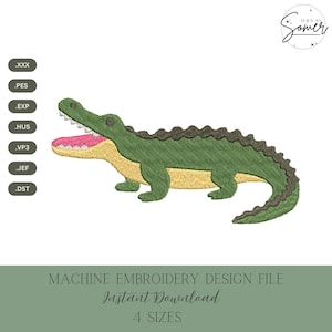 May include: An embroidered design of a green alligator with an open mouth, revealing a pink interior and white teeth. The alligator has a yellow belly and a dark brown spine. The image includes the text "MACHINE EMBROIDERY DESIGN FILE" and "Instant Download".