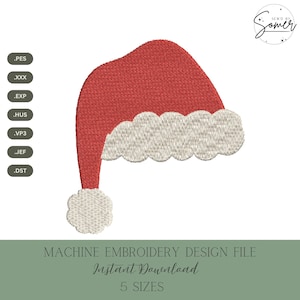 Puede incluir: Un diseño de bordado de gorro de Papá Noel rojo con un borde y un pompón blancos y esponjosos. La imagen incluye los tipos de archivo .PES, .XXX, .EXP, .HUS, .VP3, .JEF y .DST. El texto dice "MACHINE EMBROIDERY DESIGN FILE Instant Download 5 SIZES".