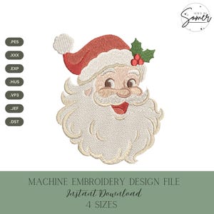 May include: An embroidered Santa Claus face with a red hat, white beard, and a sprig of holly. The design is a machine embroidery file, available for instant download in 4 sizes. File formats include .PES, .XXX, .EXP, .HUS, .VP3, .JEF, and .DST.
